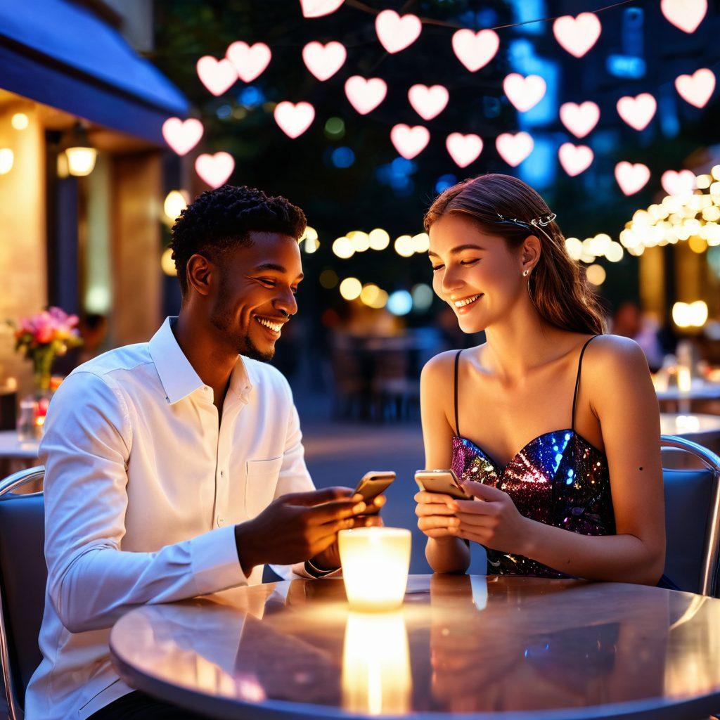 A futuristic couple using their smartphones to pay for a romantic dinner at a stylish outdoor cafe, surrounded by shimmering holographic heart symbols and glowing payment icons. Soft twinkling fairy lights enhance the warm, inviting ambiance as they share smiles and laughter. Elements of technology and romance blend seamlessly in this enchanting setting. super-realistic. vibrant colors. 3D.