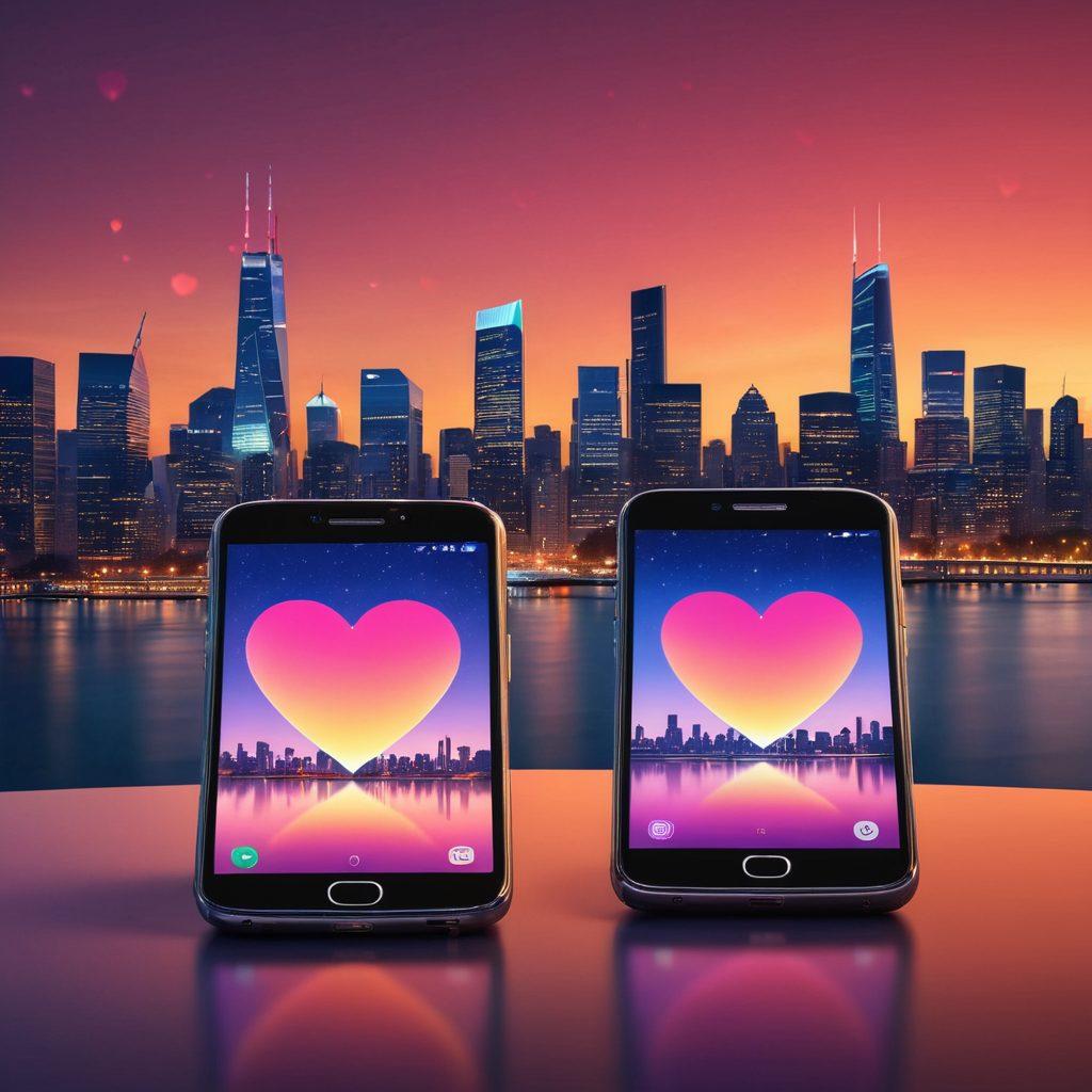 A serene digital landscape showcasing two smartphones exchanging heart-shaped icons, symbolizing romance and secure transactions. In the background, a city skyline with glowing lights represents the digital age, intertwined with soft, warm colors to evoke affection. Include elements like love locks and circuit patterns to emphasize security in relationships and payments. The overall mood should be inviting and harmonious. super-realistic. vibrant colors. 3D.