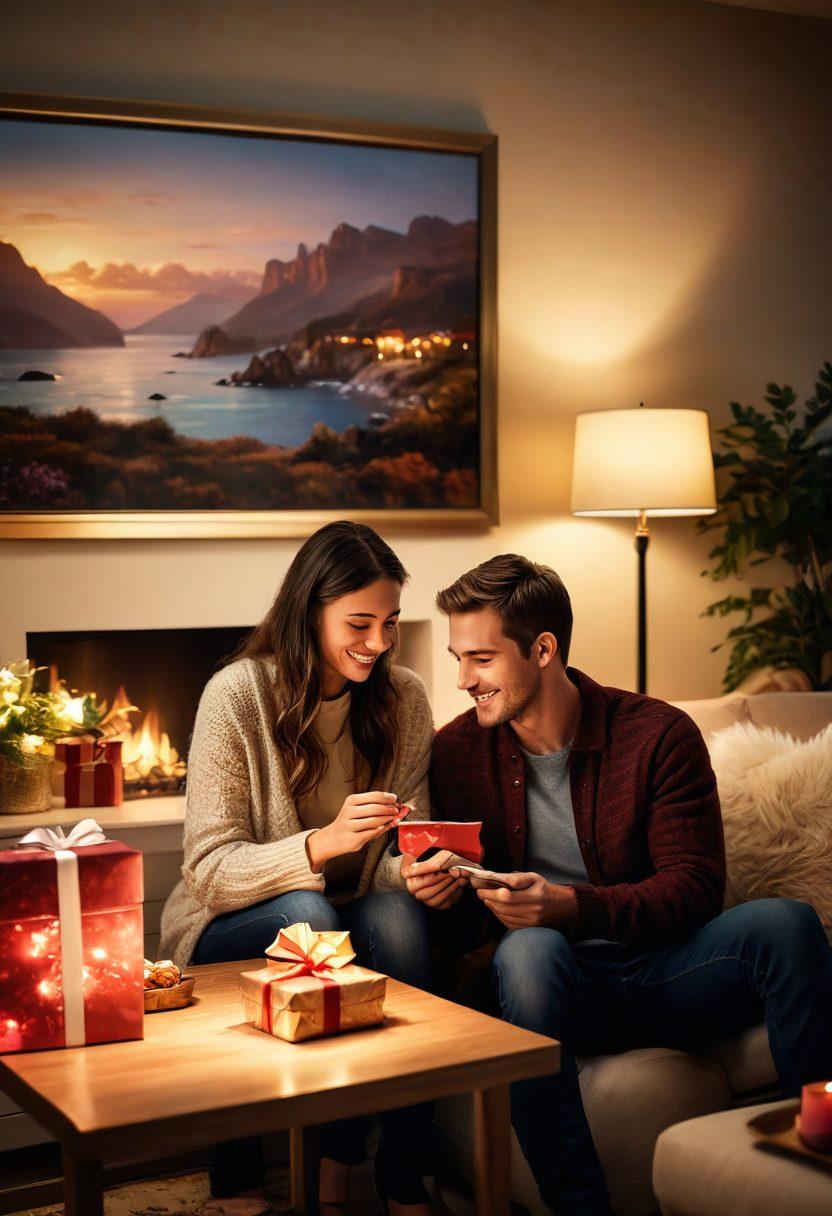 A heartwarming scene depicting a couple exchanging gifts in a cozy, beautifully decorated living room, with soft lighting creating an intimate atmosphere. In the background, a digital device shows a secure transaction notification, symbolizing trust in online gift-giving. Include visual elements of both gifts and a scenic getaway, such as travel images or maps on the walls. The colors should be warm and inviting, enhancing the feeling of affection and connection. super-realistic. vibrant colors. cozy ambiance.